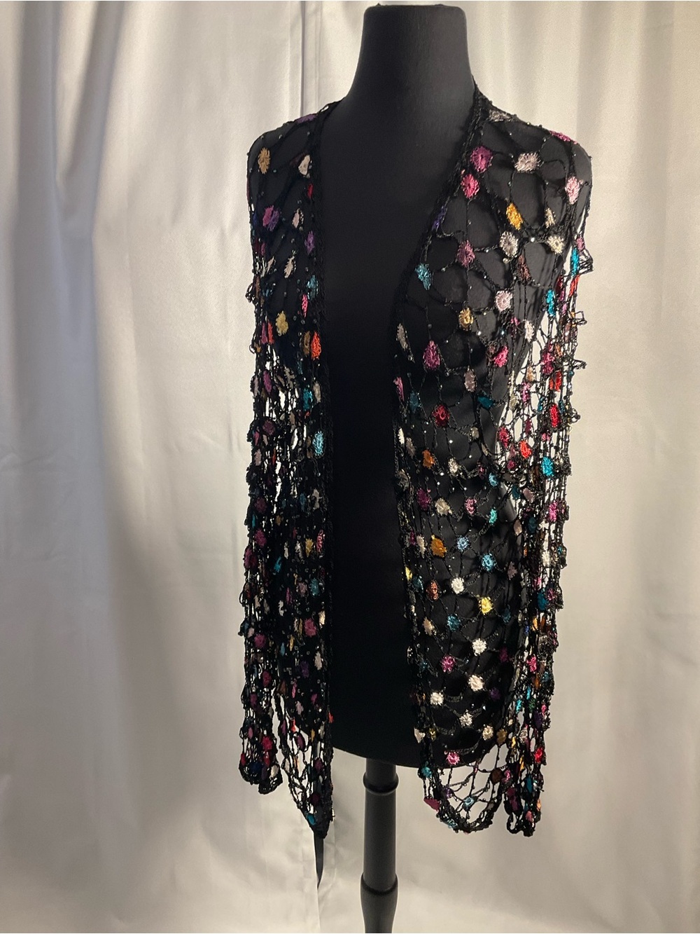 Black Crochet Openwork Shawl with Multicolor Bead Accents